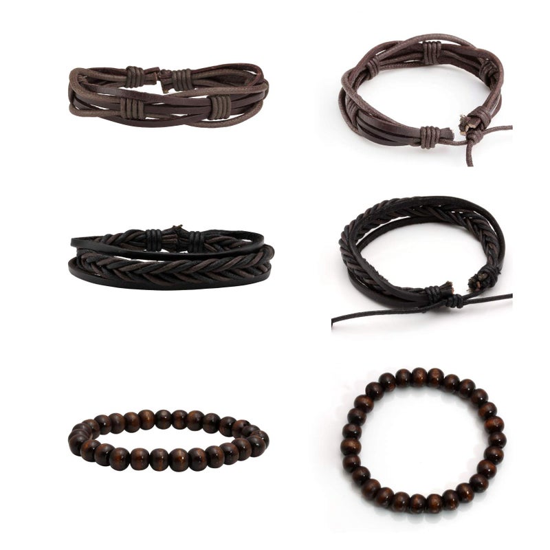 MILAKOO 6 Pcs Brown Braided Leather Bracelets for Men Women Cuff Wrap Wristbands - Image 2